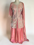 Coral Pink Jacket-Style Suit Set with Peacock Embroidery