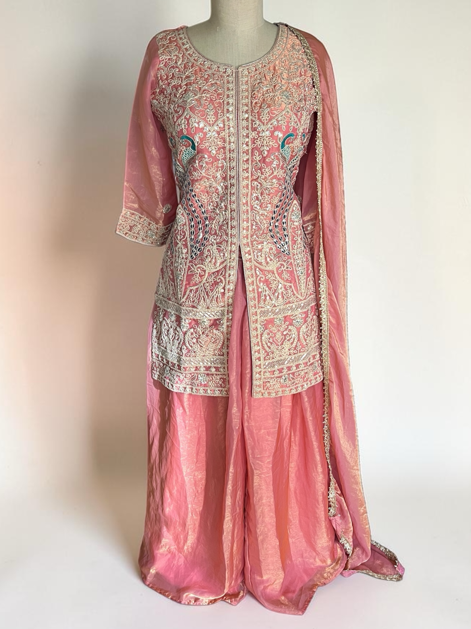 Coral Pink Jacket-Style Suit Set with Peacock Embroidery