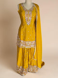 Embroidered Silk-Blend Palazzo Suit Set in Mustard Yellow