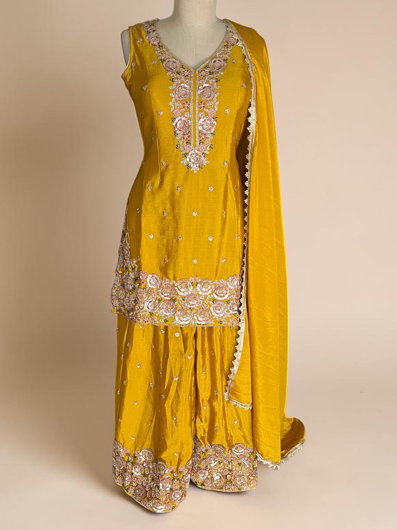 Embroidered Silk-Blend Palazzo Suit Set in Mustard Yellow