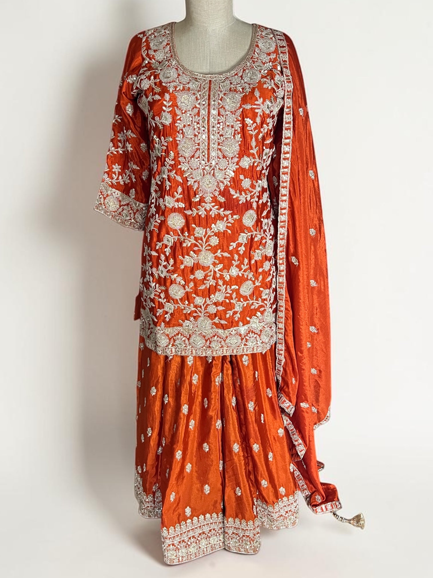 Burnt Orange Silk Floral Embroidered Suit