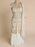 Cream & Gold Front-Slit Georgette Suit Set with Palazzo and Dupatta
