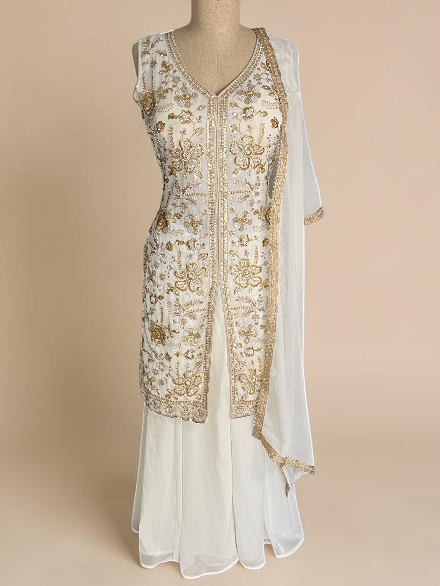 Cream & Gold Front-Slit Georgette Suit Set with Palazzo and Dupatta