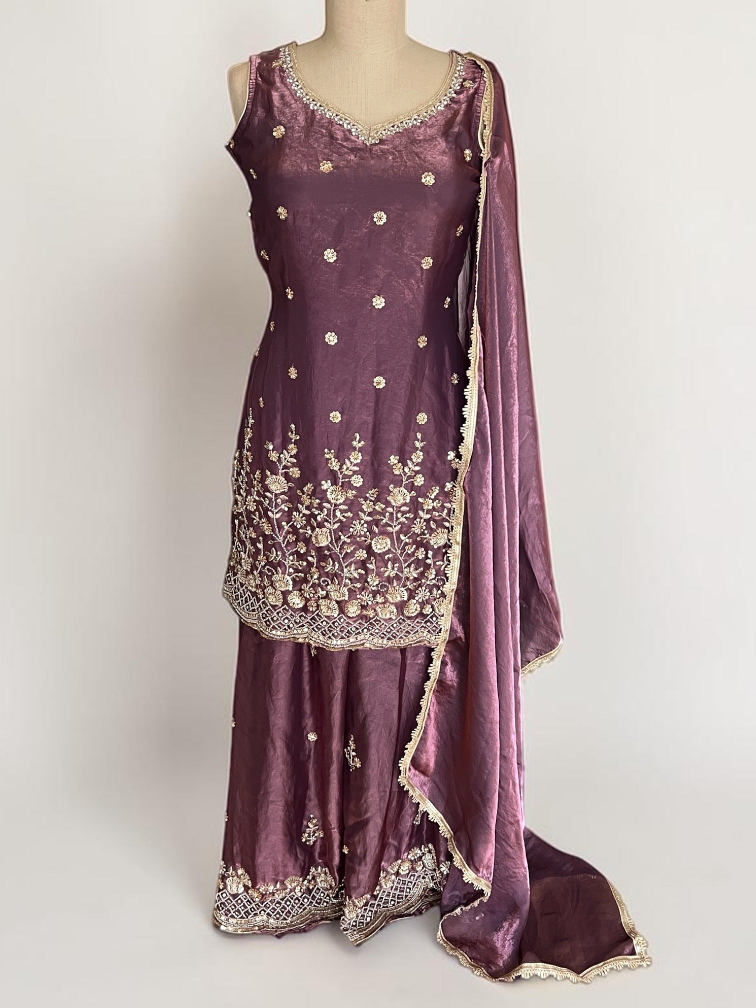 Magenta Silk Palazzo Suit Set with Gold Threadwork