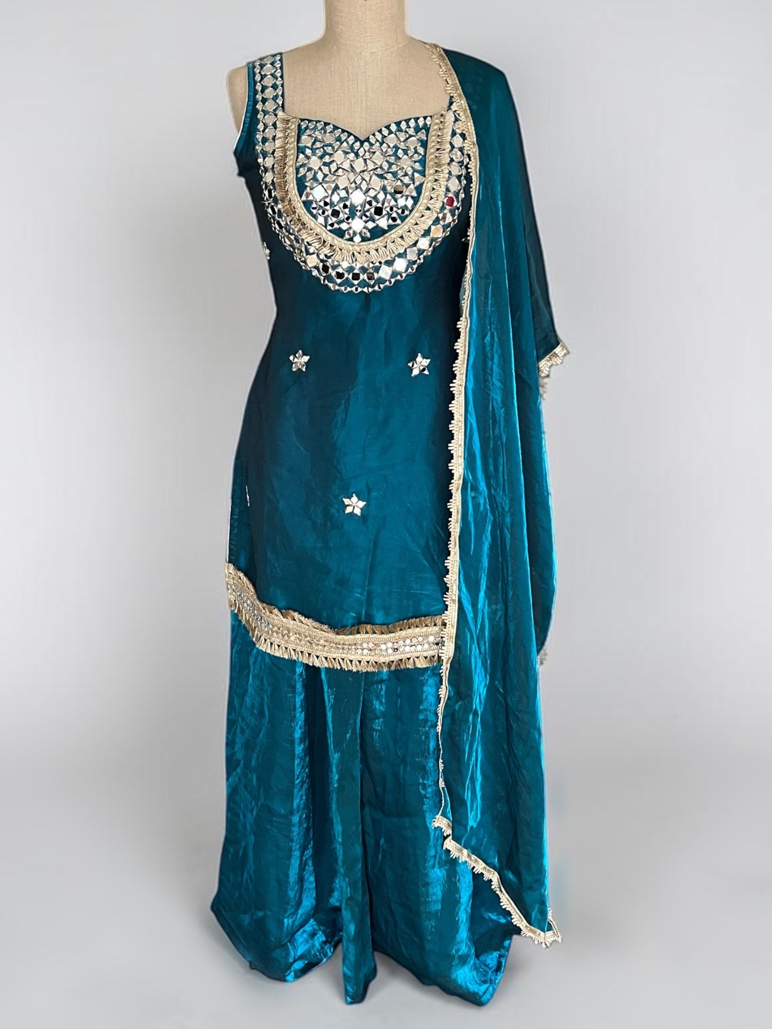 Teal Blue Mirror Work Palazzo Suit Set with Gota Patti Trim