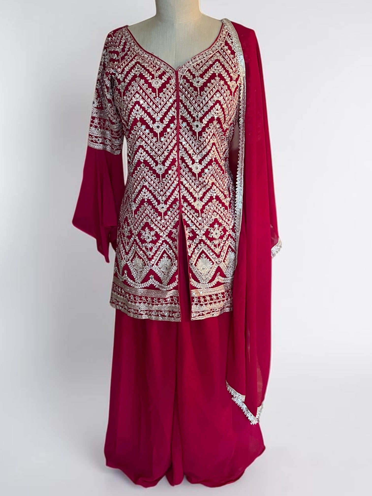 Magenta Red Zig-Zag Embroidered Palazzo Set